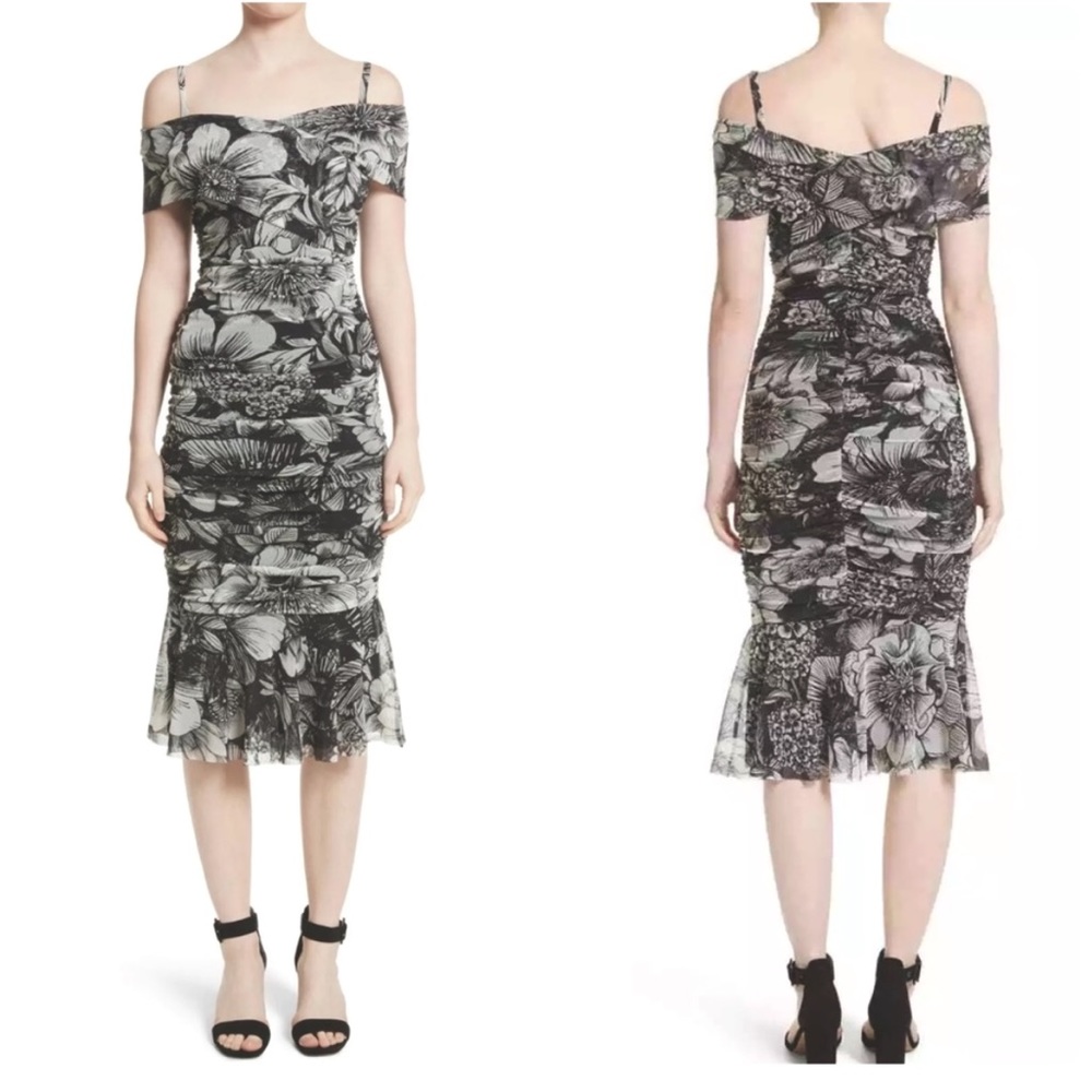 FUZZI- Made in Italy Designer Black and White Floral Print Tulle Midi Dress